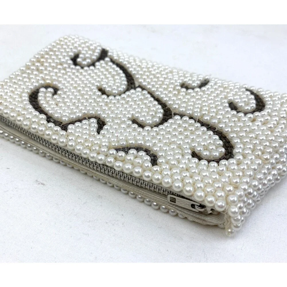 Vintage 1960s Emson White Glass Beaded Small Clutch Zip Hand Made Formal Wedding